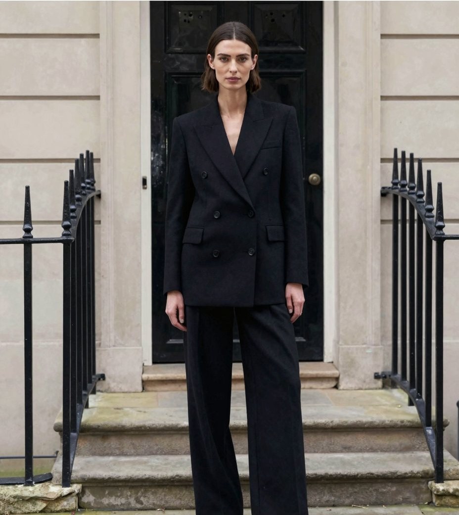 A model in an ink black double-breasted wool suit jacket and wide tailored trousers on the steps of a Georgian London townhouse