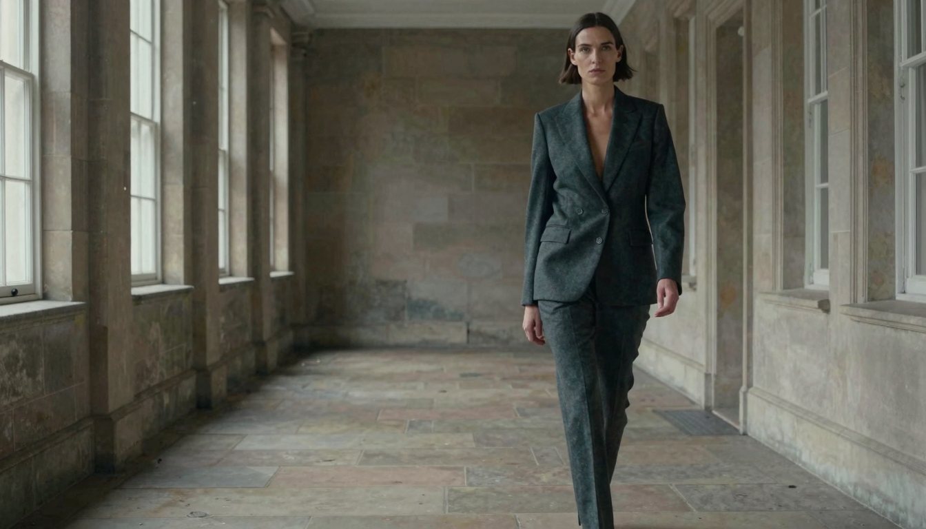 A model in a charcoal wool suit jacket and matching tailored trousers walking a stone-flagged corridor in a Georgian London townhouse