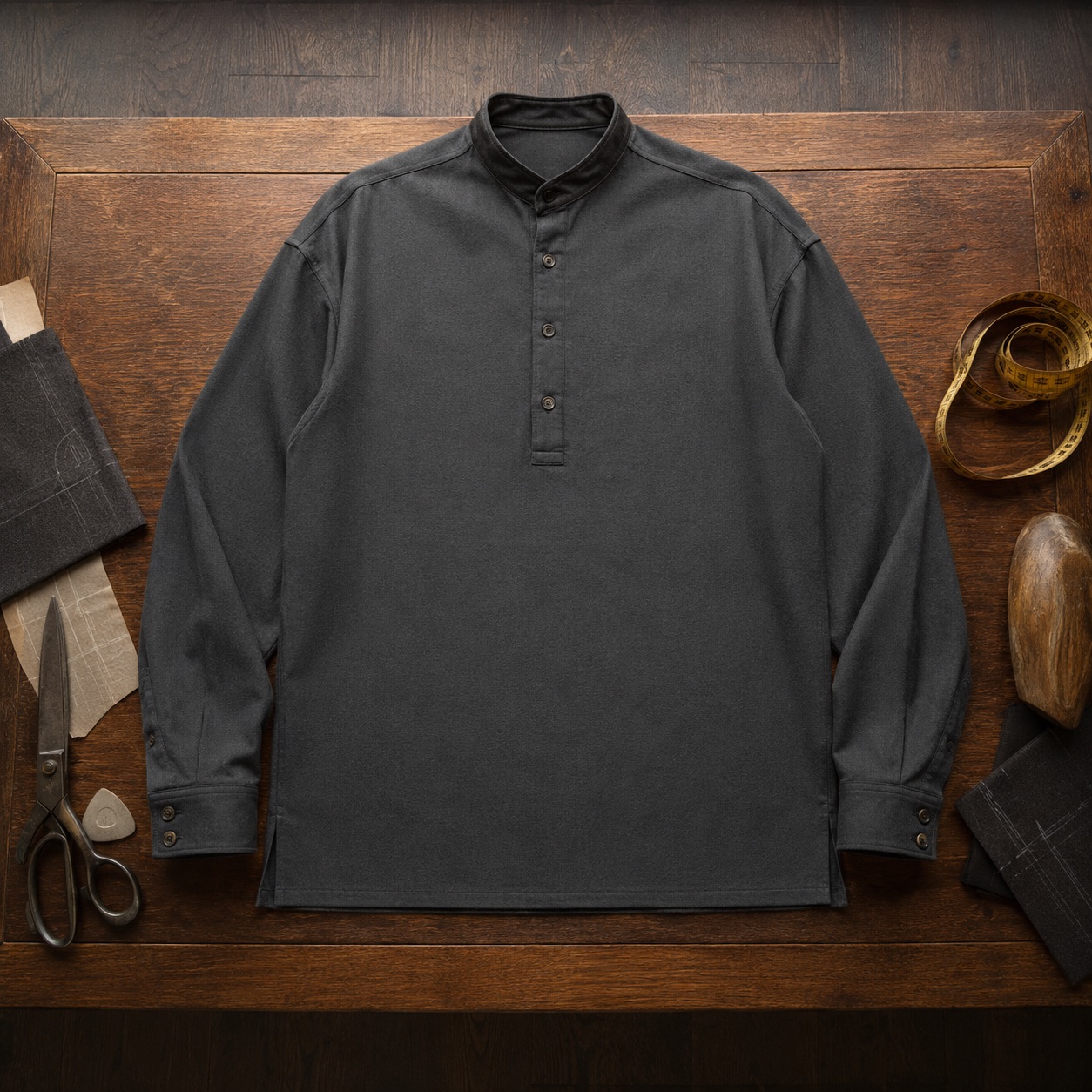 Cotswold grandad-collar tailored shirt — Tailored Shirts by CROWN TAILORING. product photograph on a white background.