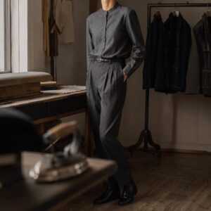 Cotswold grandad-collar tailored shirt — Tailored Shirts by CROWN TAILORING. worn by a model.