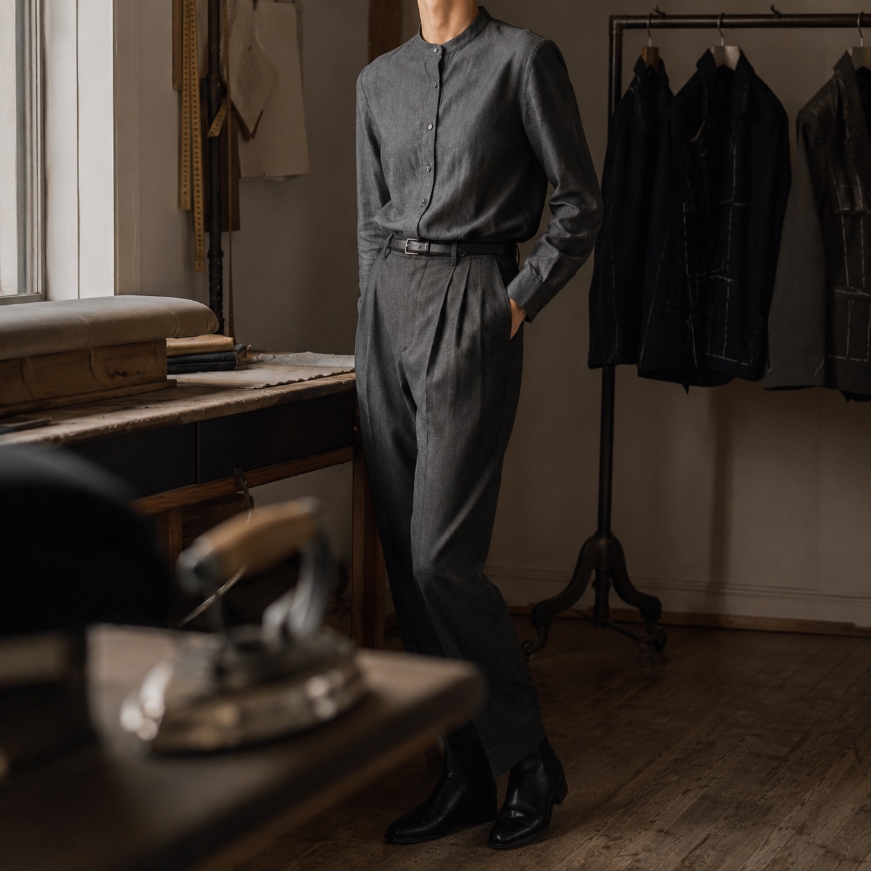 Cotswold grandad-collar tailored shirt — Tailored Shirts by CROWN TAILORING. worn by a model.