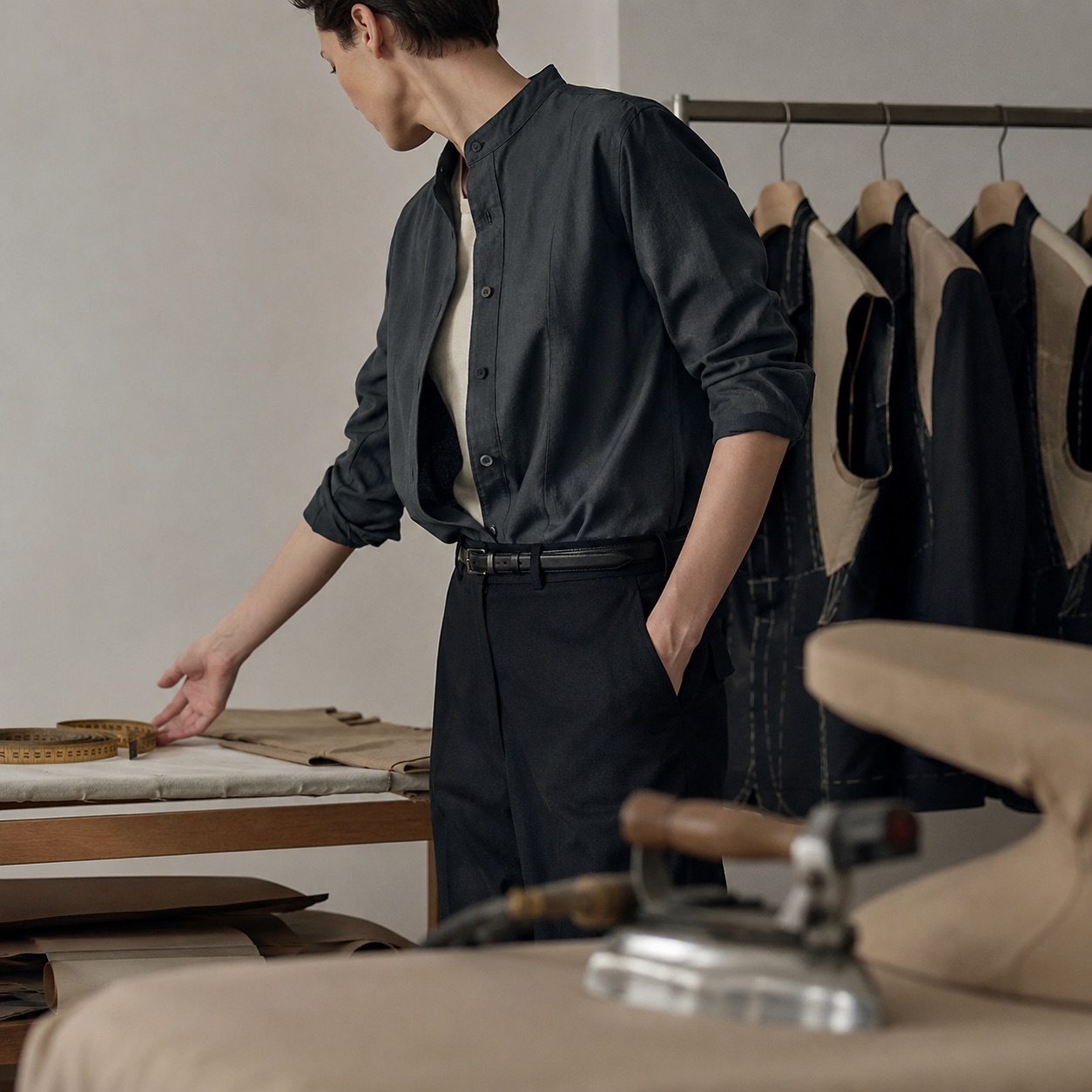 Cotswold grandad-collar tailored shirt — Tailored Shirts by CROWN TAILORING. worn by a model, side view.