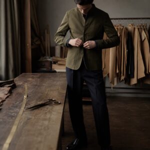 Sloe grandad-collar tailored shirt — Tailored Shirts by CROWN TAILORING. worn by a model.
