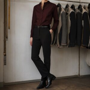 Yarrow grandad-collar tailored shirt — Tailored Shirts by CROWN TAILORING. worn by a model.