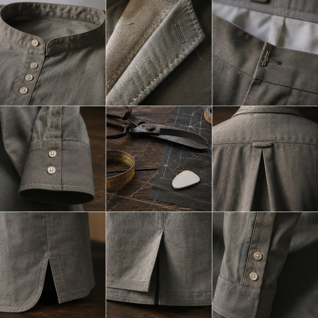 Holborn grandad-collar tailored shirt — Tailored Shirts by CROWN TAILORING. close detail of the fabric and finish.