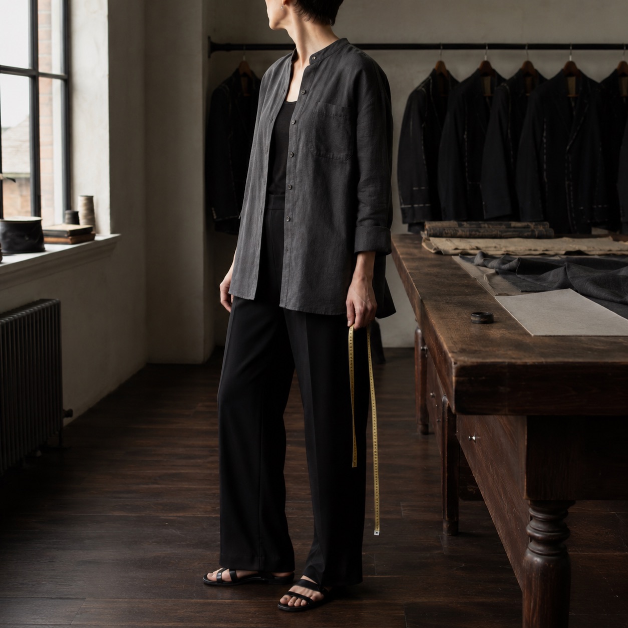 Holborn grandad-collar tailored shirt — Tailored Shirts by CROWN TAILORING. worn by a model.
