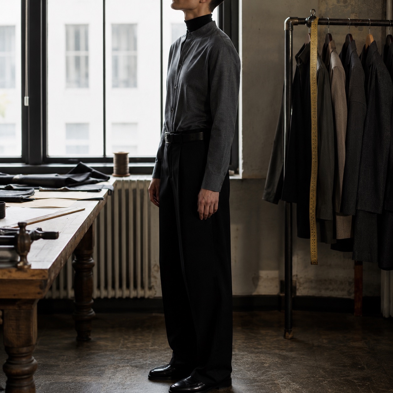 Holborn grandad-collar tailored shirt — Tailored Shirts by CROWN TAILORING. worn by a model, side view.
