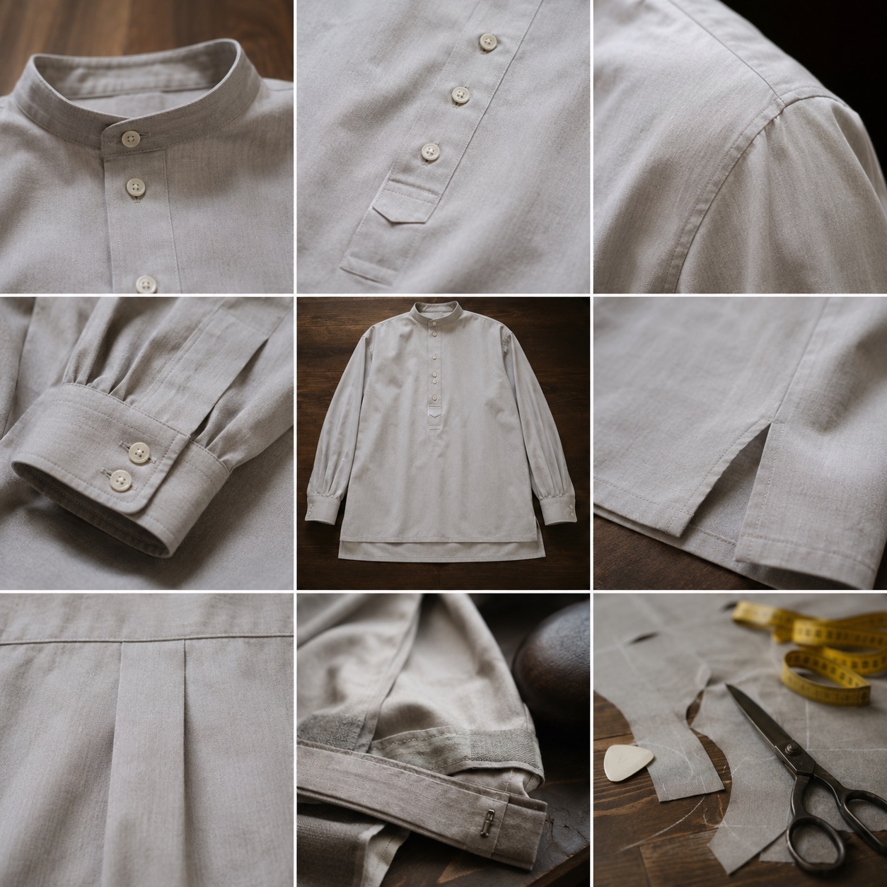 Blackthorn grandad-collar tailored shirt — Tailored Shirts by CROWN TAILORING. close detail of the fabric and finish.