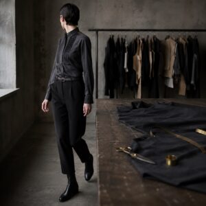 Kestrel pleated-bib evening shirt — Tailored Shirts by CROWN TAILORING. worn by a model.
