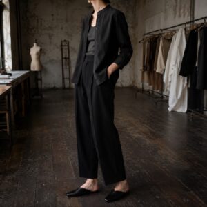 Wren grandad-collar tailored shirt — Tailored Shirts by CROWN TAILORING. worn by a model.