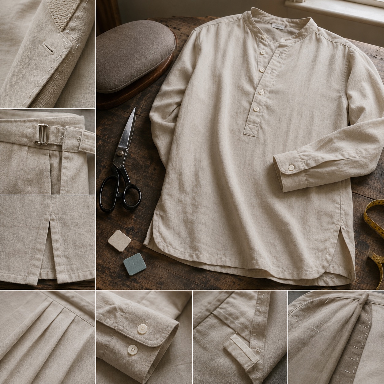 Thornbury grandad-collar tailored shirt — Tailored Shirts by CROWN TAILORING. close detail of the fabric and finish.