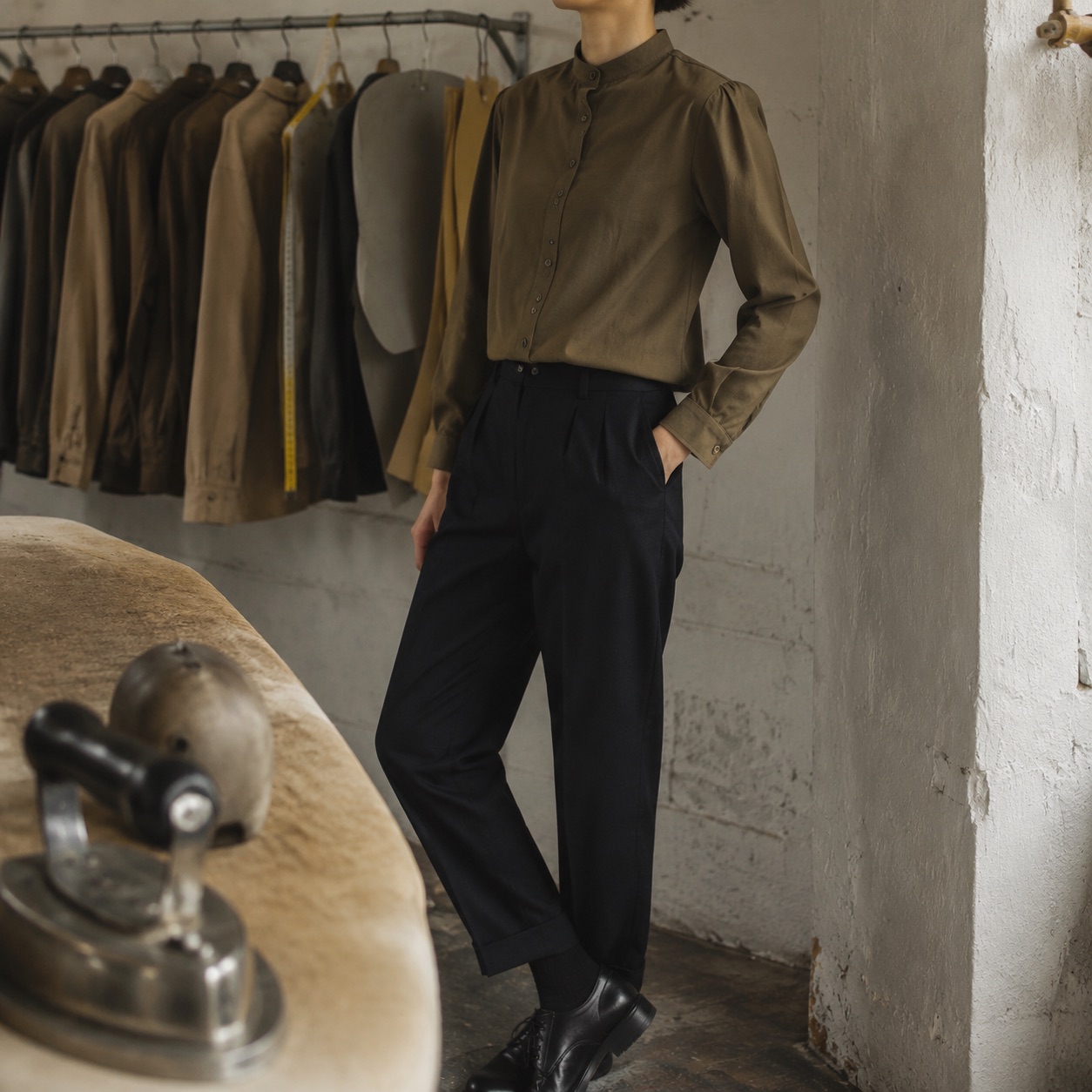 Thornbury grandad-collar tailored shirt — Tailored Shirts by CROWN TAILORING. worn by a model.