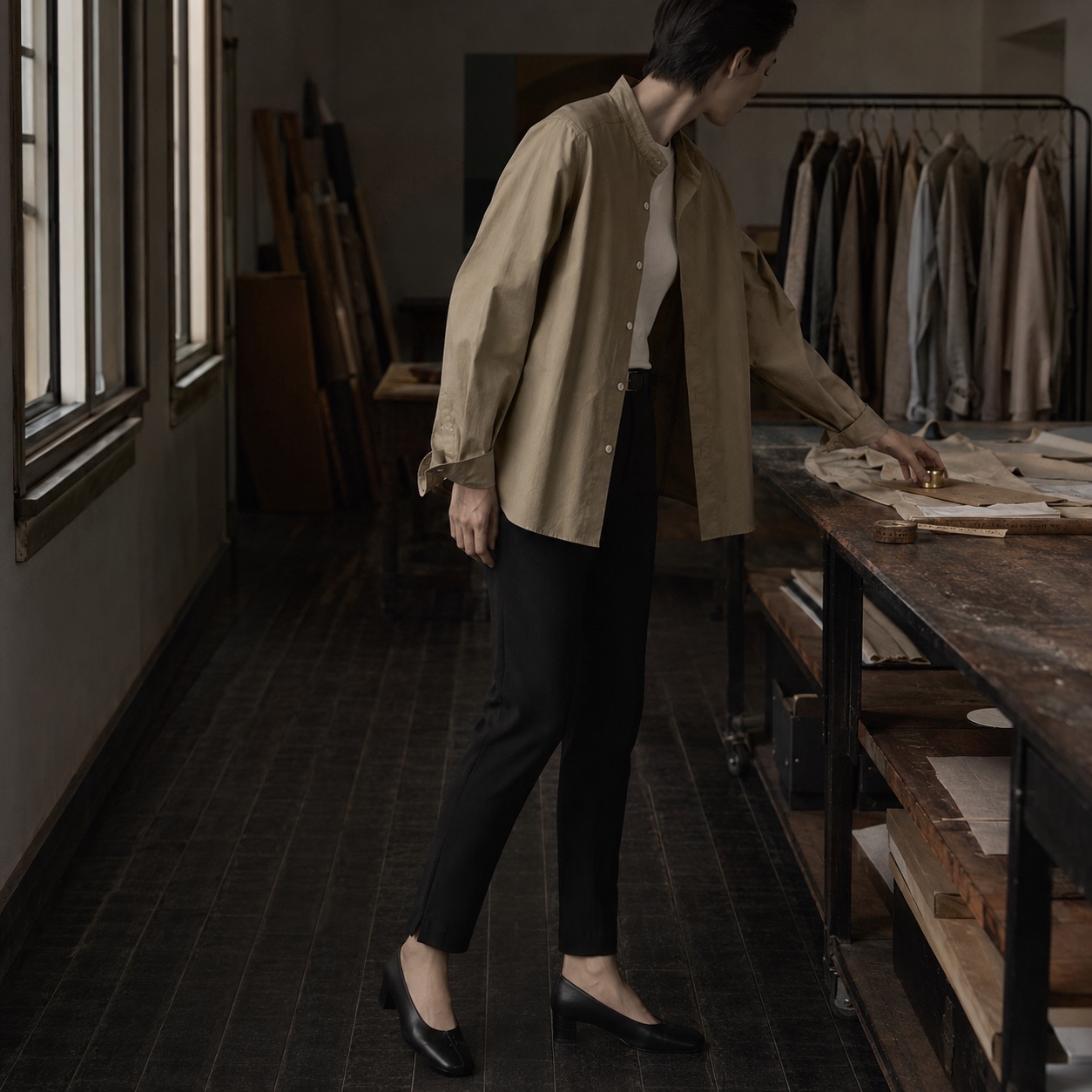 Thornbury grandad-collar tailored shirt — Tailored Shirts by CROWN TAILORING. worn by a model, side view.
