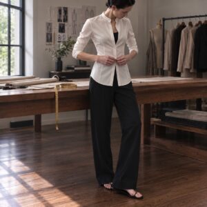 Cotswold grandad-collar tailored shirt — Tailored Shirts by CROWN TAILORING. worn by a model.
