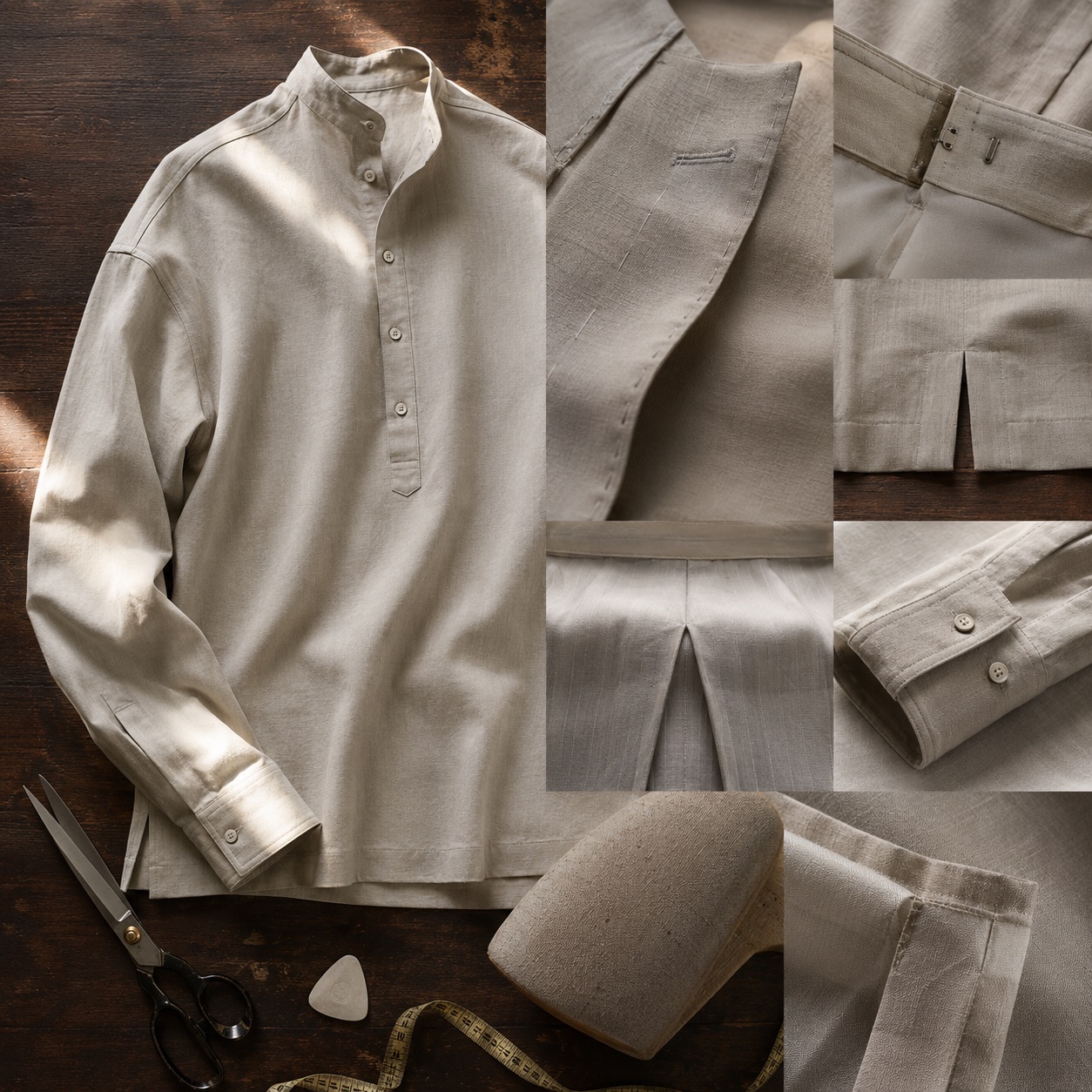 Larkspur grandad-collar tailored shirt — Tailored Shirts by CROWN TAILORING. close detail of the fabric and finish.