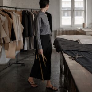 Larkspur grandad-collar tailored shirt — Tailored Shirts by CROWN TAILORING. worn by a model.