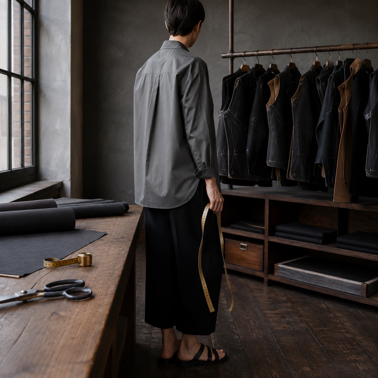 Larkspur grandad-collar tailored shirt — Tailored Shirts by CROWN TAILORING. worn by a model, side view.