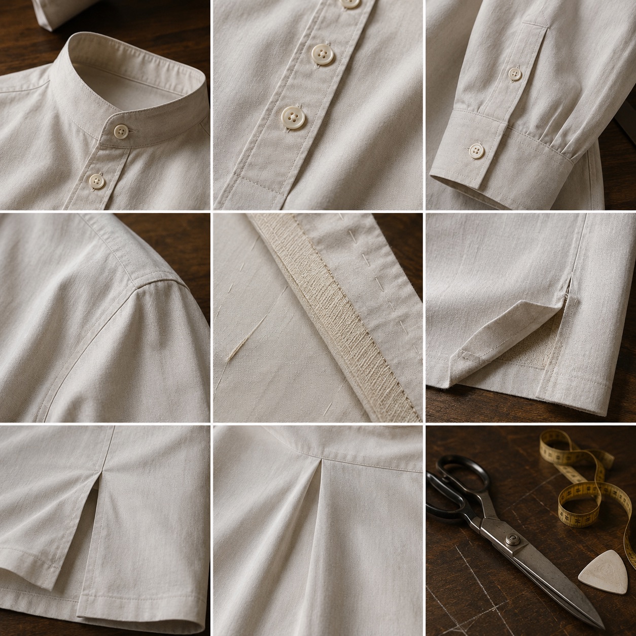 Sloe grandad-collar tailored shirt — Tailored Shirts by CROWN TAILORING. close detail of the fabric and finish.