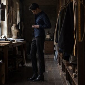 Sloe grandad-collar tailored shirt — Tailored Shirts by CROWN TAILORING. worn by a model.
