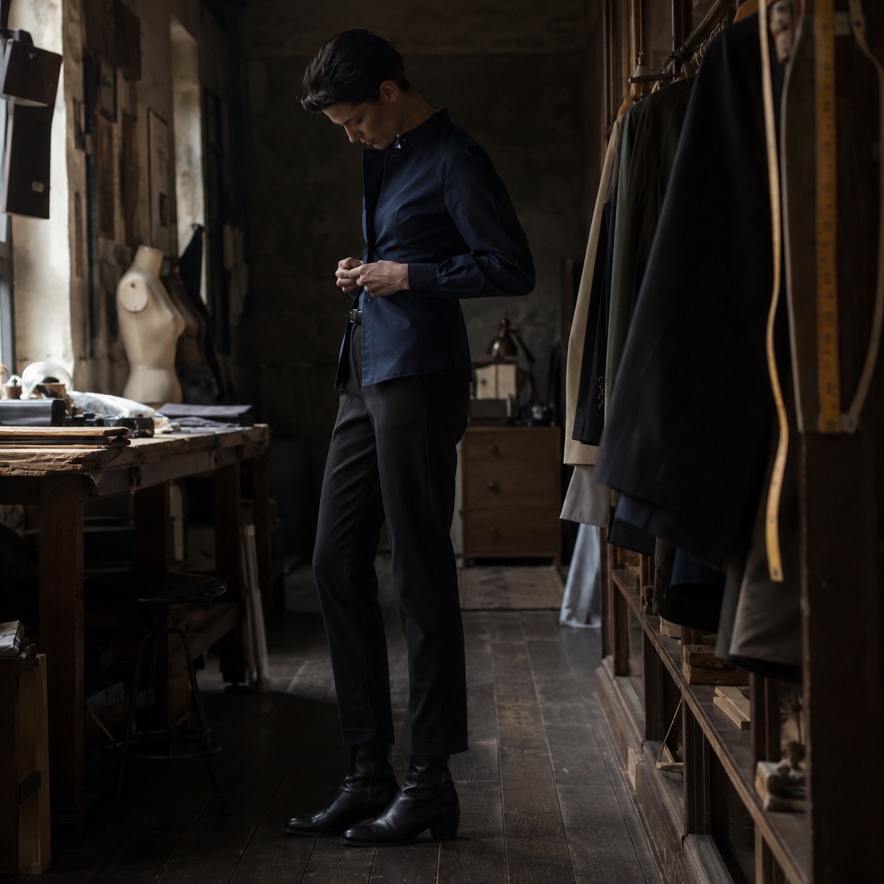 Sloe grandad-collar tailored shirt — Tailored Shirts by CROWN TAILORING. worn by a model.