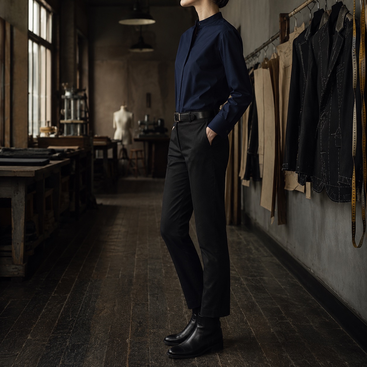 Sloe grandad-collar tailored shirt — Tailored Shirts by CROWN TAILORING. worn by a model, side view.