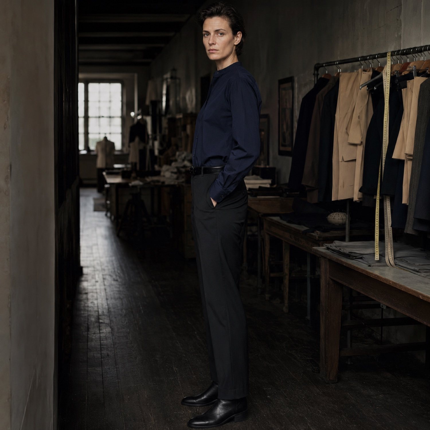 Sloe grandad-collar tailored shirt — Tailored Shirts by CROWN TAILORING. shown on the model from the side.