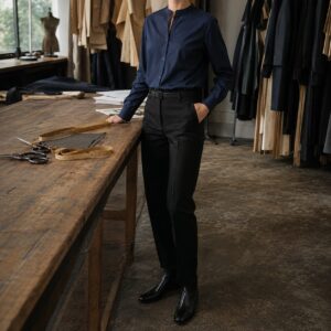 Severn grandad-collar tailored shirt — Tailored Shirts by CROWN TAILORING. worn by a model.