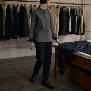 Ashdown grandad-collar tailored shirt — Tailored Shirts by CROWN TAILORING. worn by a model.