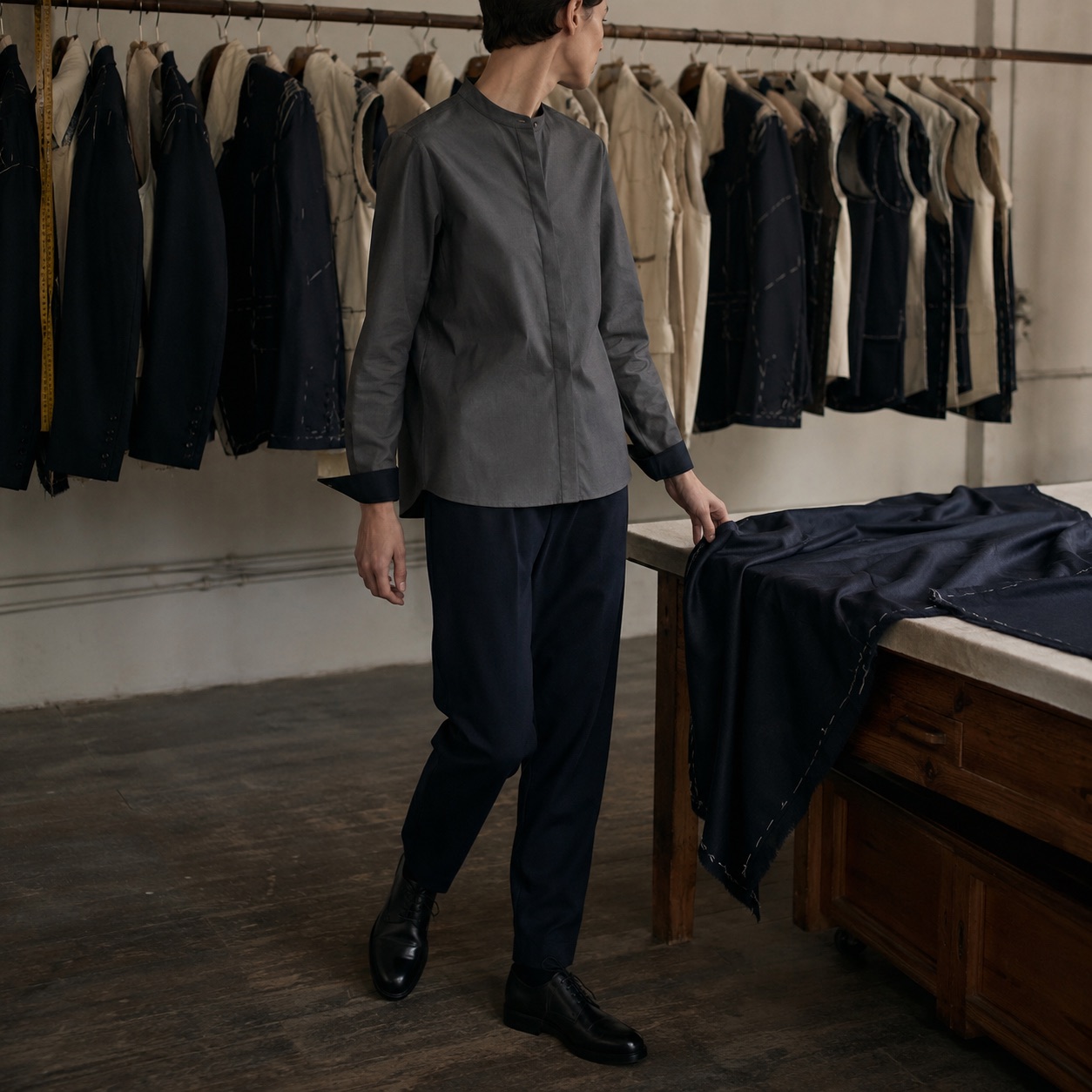 Ashdown grandad-collar tailored shirt — Tailored Shirts by CROWN TAILORING. worn by a model.