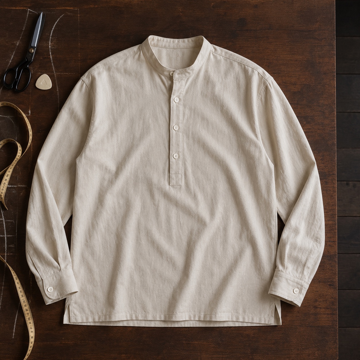 Yarrow grandad-collar tailored shirt — Tailored Shirts by CROWN TAILORING. product photograph on a white background.