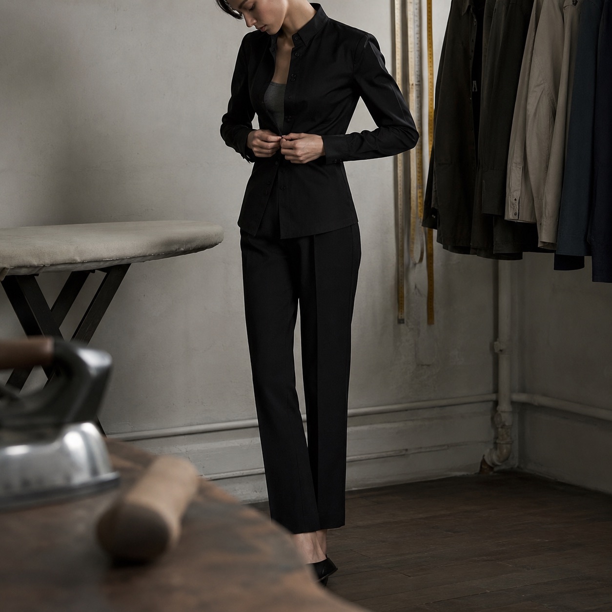 Yarrow grandad-collar tailored shirt — Tailored Shirts by CROWN TAILORING. worn by a model.