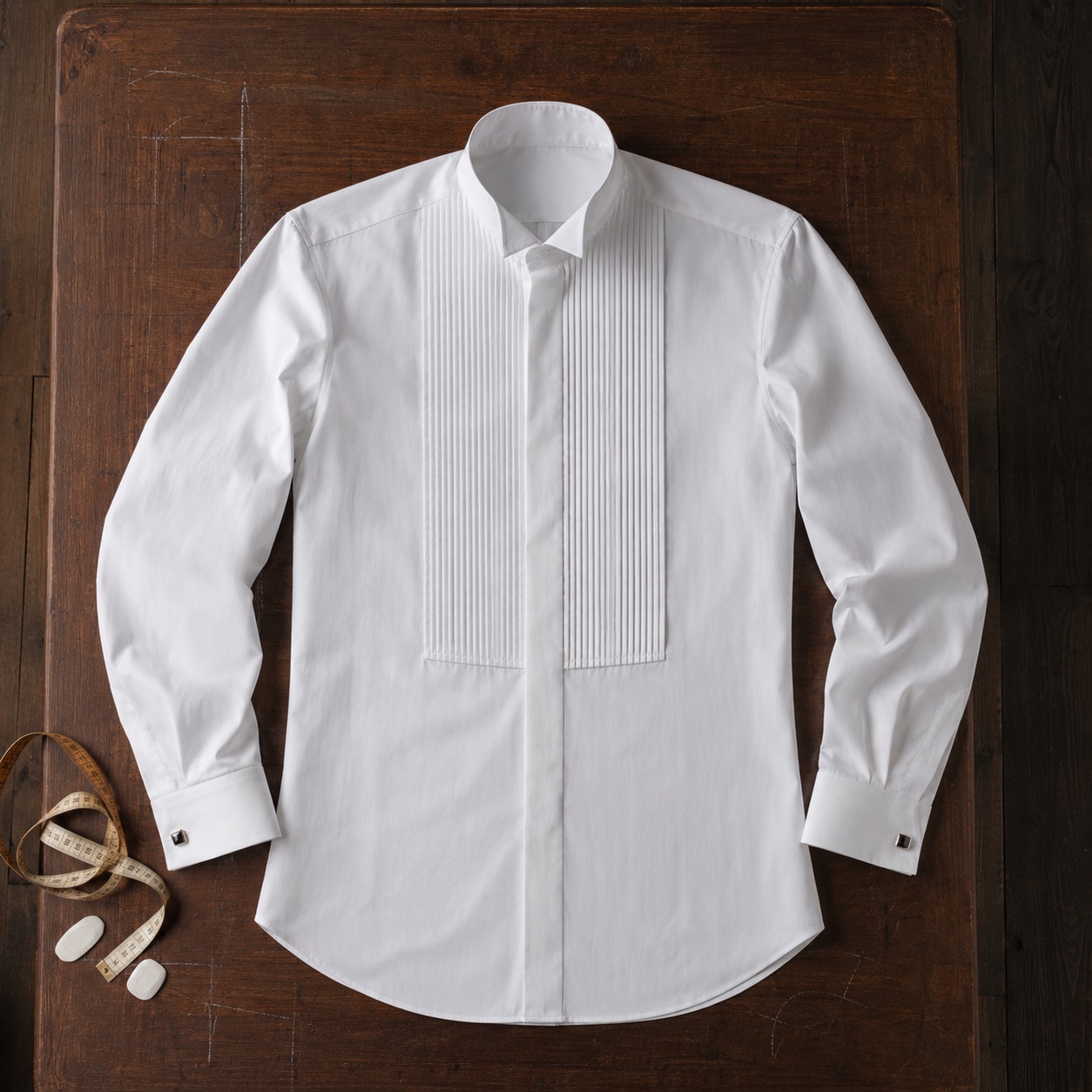 Kestrel pleated-bib evening shirt — Tailored Shirts by CROWN TAILORING. product photograph on a white background.