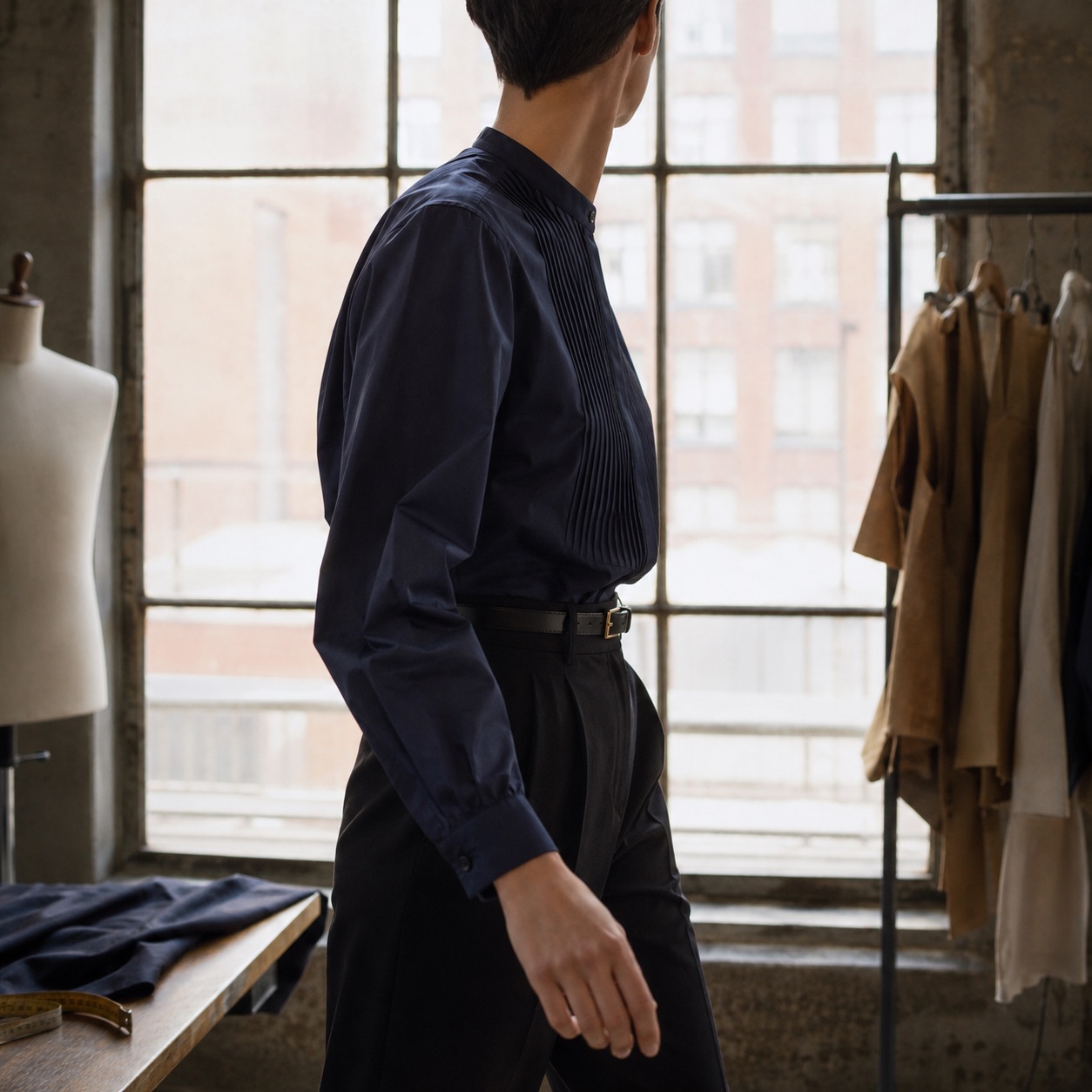 Kestrel pleated-bib evening shirt — Tailored Shirts by CROWN TAILORING. worn by a model.