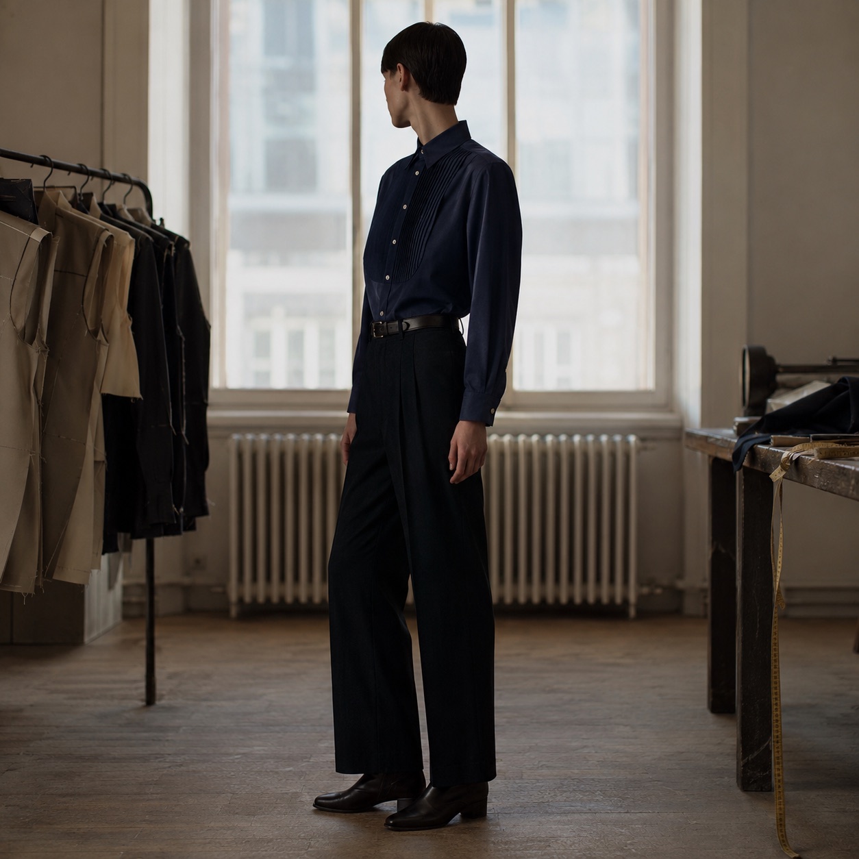 Kestrel pleated-bib evening shirt — Tailored Shirts by CROWN TAILORING. worn by a model, side view.