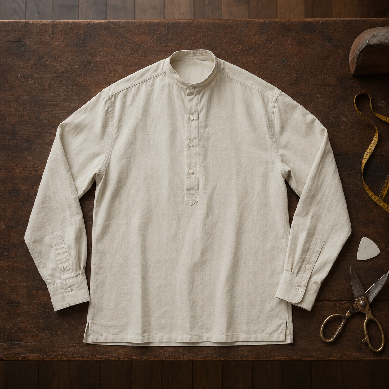 Bracken grandad-collar tailored shirt — Tailored Shirts by CROWN TAILORING. flat lay, front.
