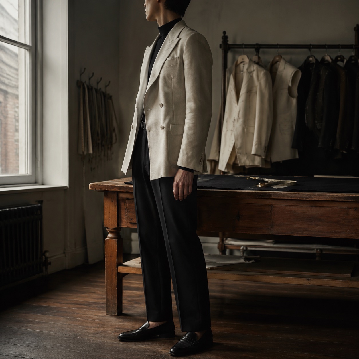 Hawthorn double-breasted suit jacket — Suit Jackets by CROWN TAILORING. worn by a model, side view.