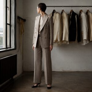 Yarrow double-breasted suit jacket — Suit Jackets by CROWN TAILORING. worn by a model.