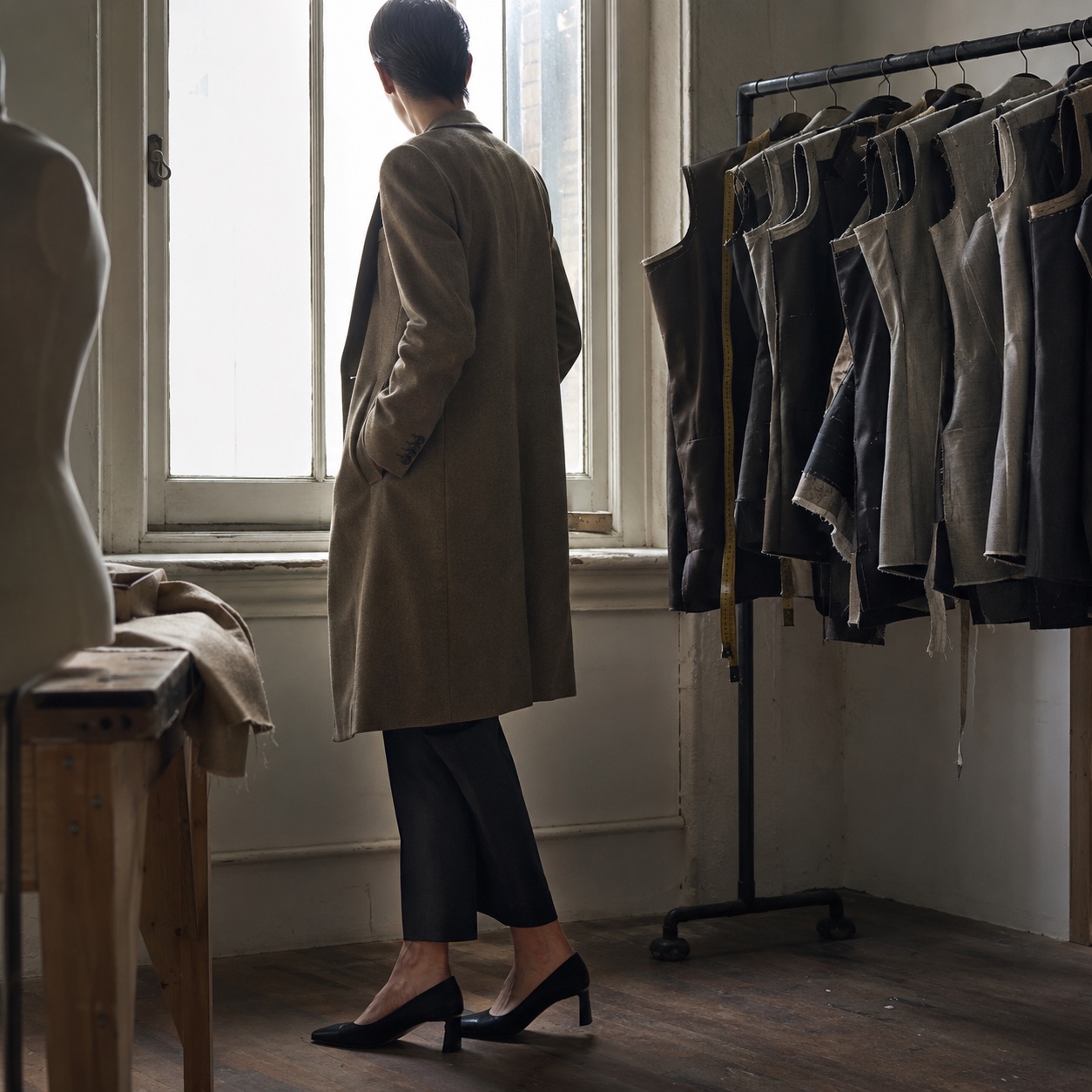 Bracken long-line tailored coat jacket — Suit Jackets by CROWN TAILORING. worn by a model, side view.