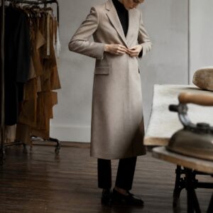 Sloe long-line tailored coat jacket — Suit Jackets by CROWN TAILORING. worn by a model.