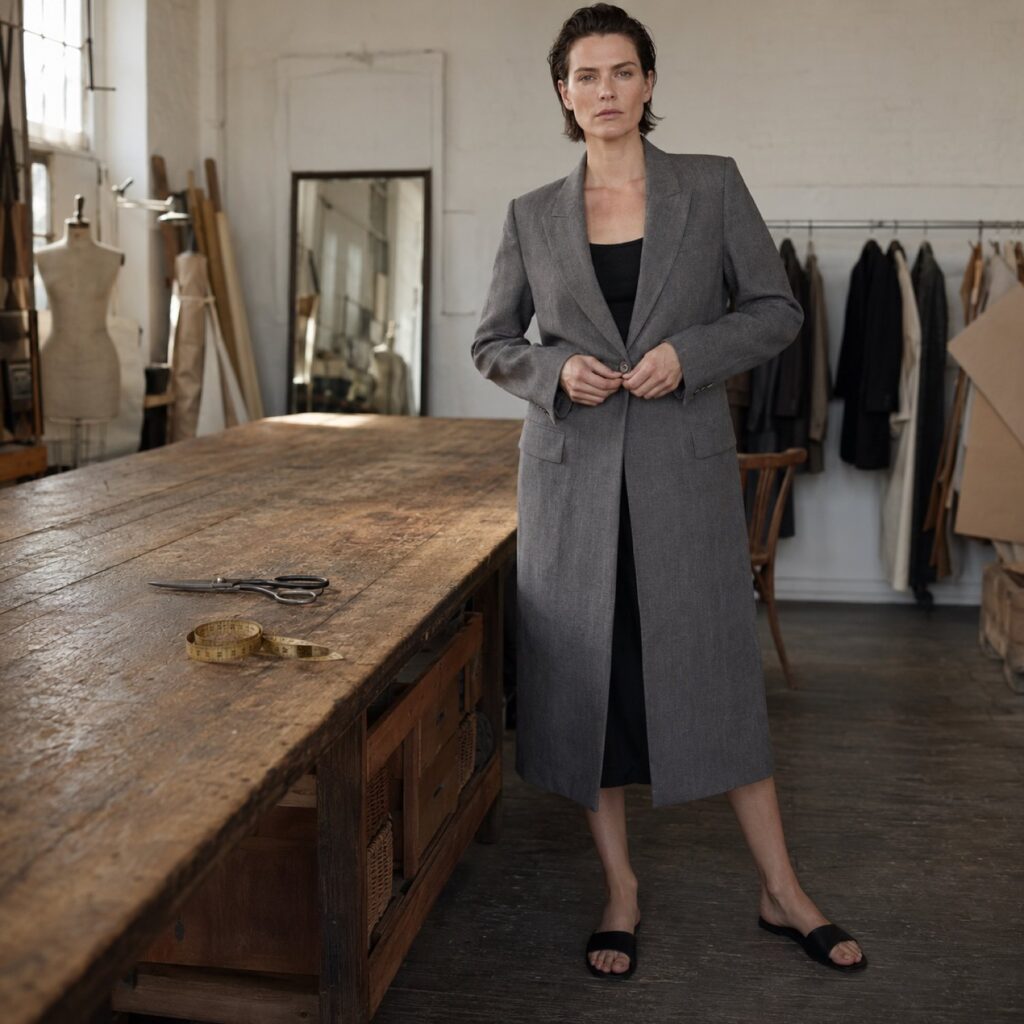 Cavendish long-line tailored coat jacket — Suit Jackets by CROWN TAILORING. shown worn.