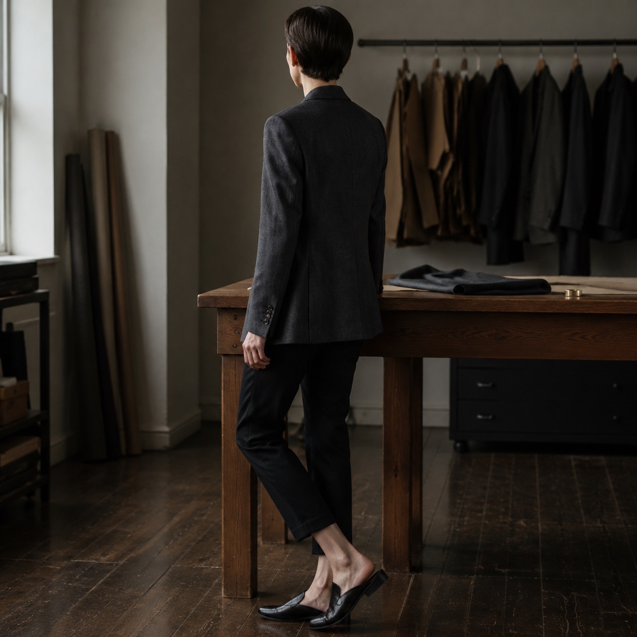 Kestrel double-breasted suit jacket — Suit Jackets by CROWN TAILORING. worn by a model, side view.