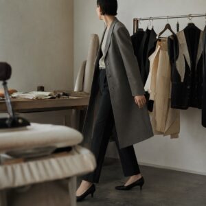 Yarrow long-line tailored coat jacket — Suit Jackets by CROWN TAILORING. worn by a model.