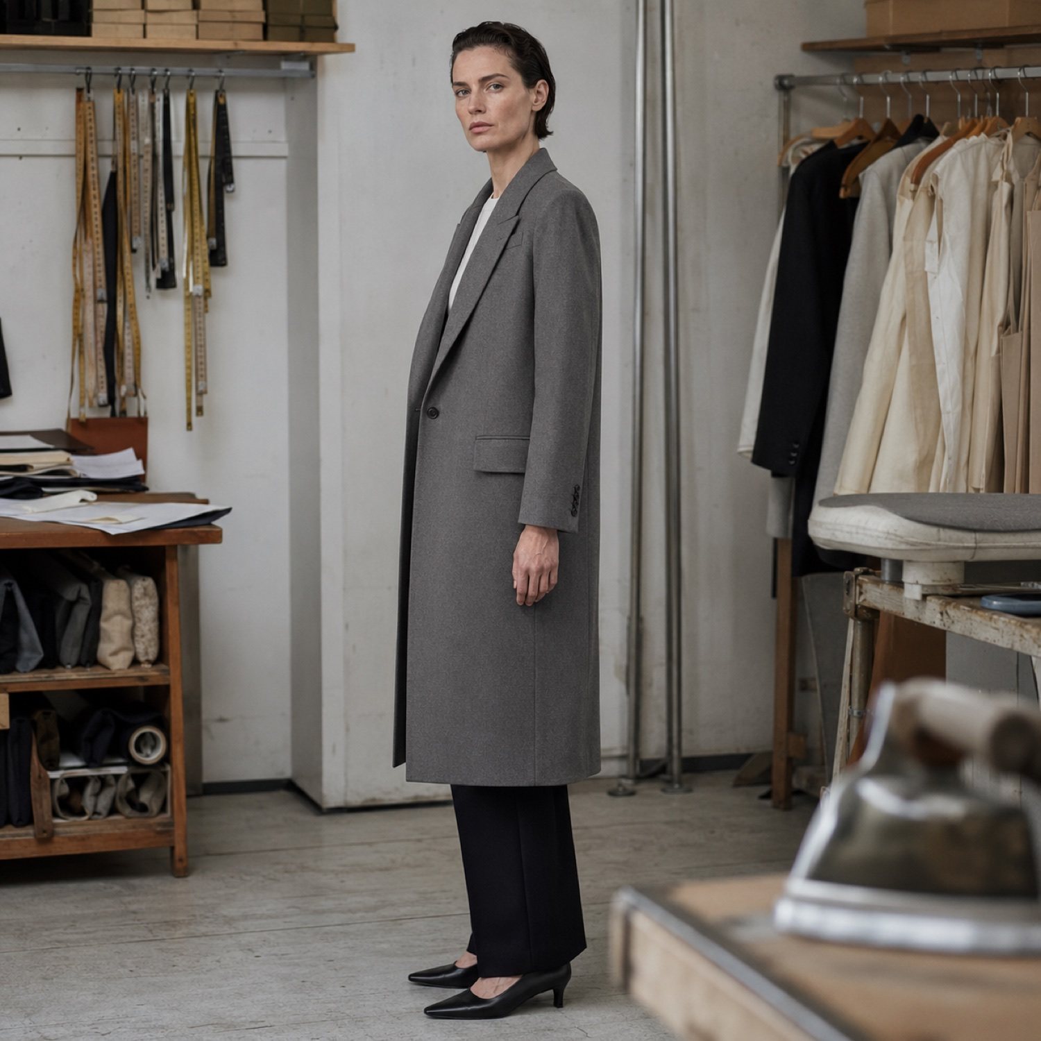 Yarrow long-line tailored coat jacket — Suit Jackets by CROWN TAILORING. shown on the model from the side.