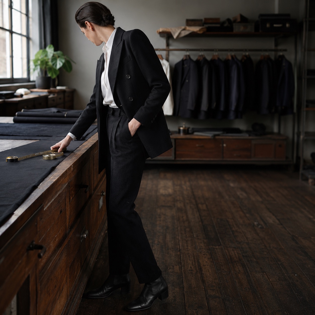 Cotswold double-breasted suit jacket — Suit Jackets by CROWN TAILORING. worn by a model, side view.