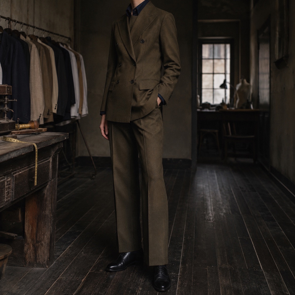 Sloe double-breasted suit jacket — Suit Jackets by CROWN TAILORING. worn by a model.