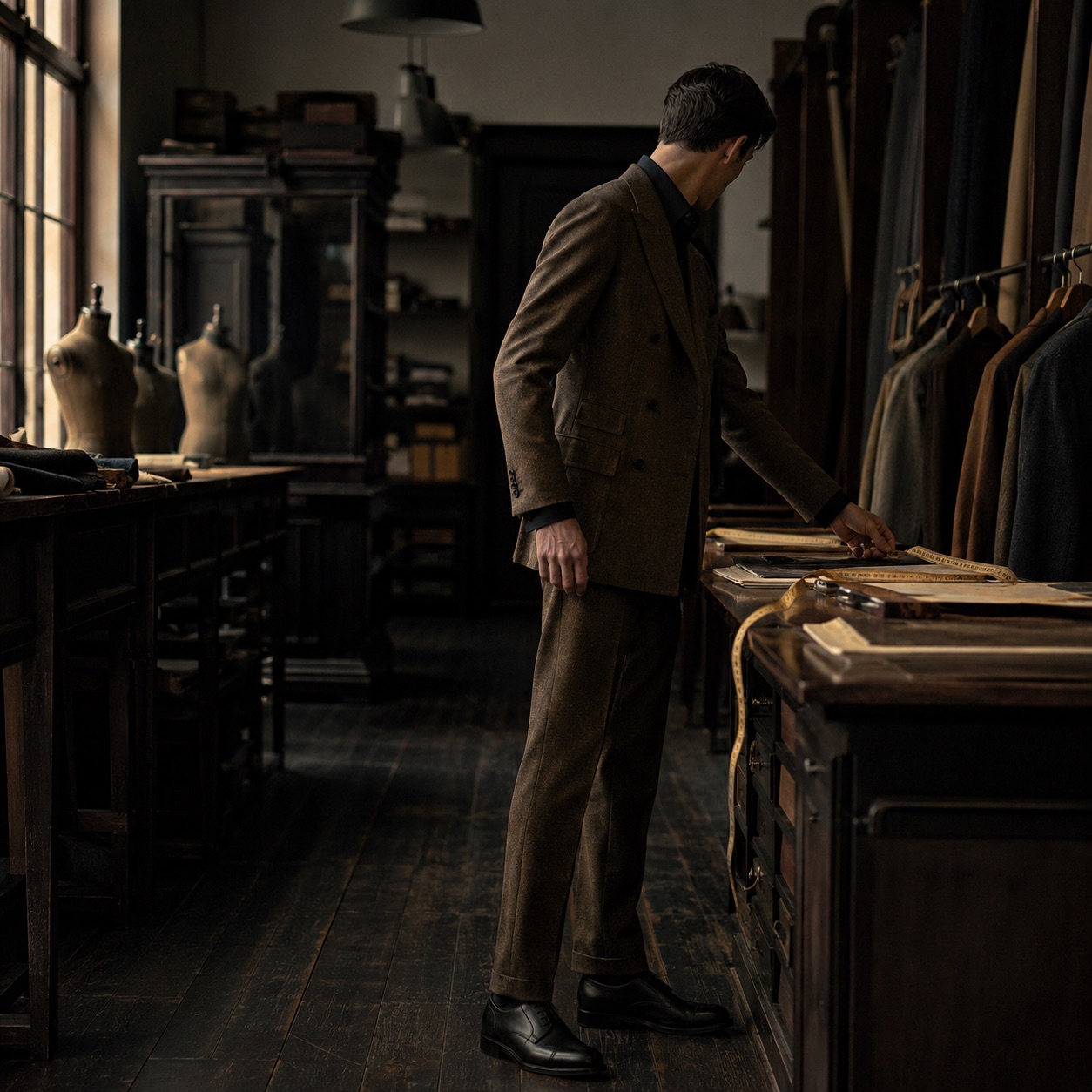 Sloe double-breasted suit jacket — Suit Jackets by CROWN TAILORING. worn by a model, side view.