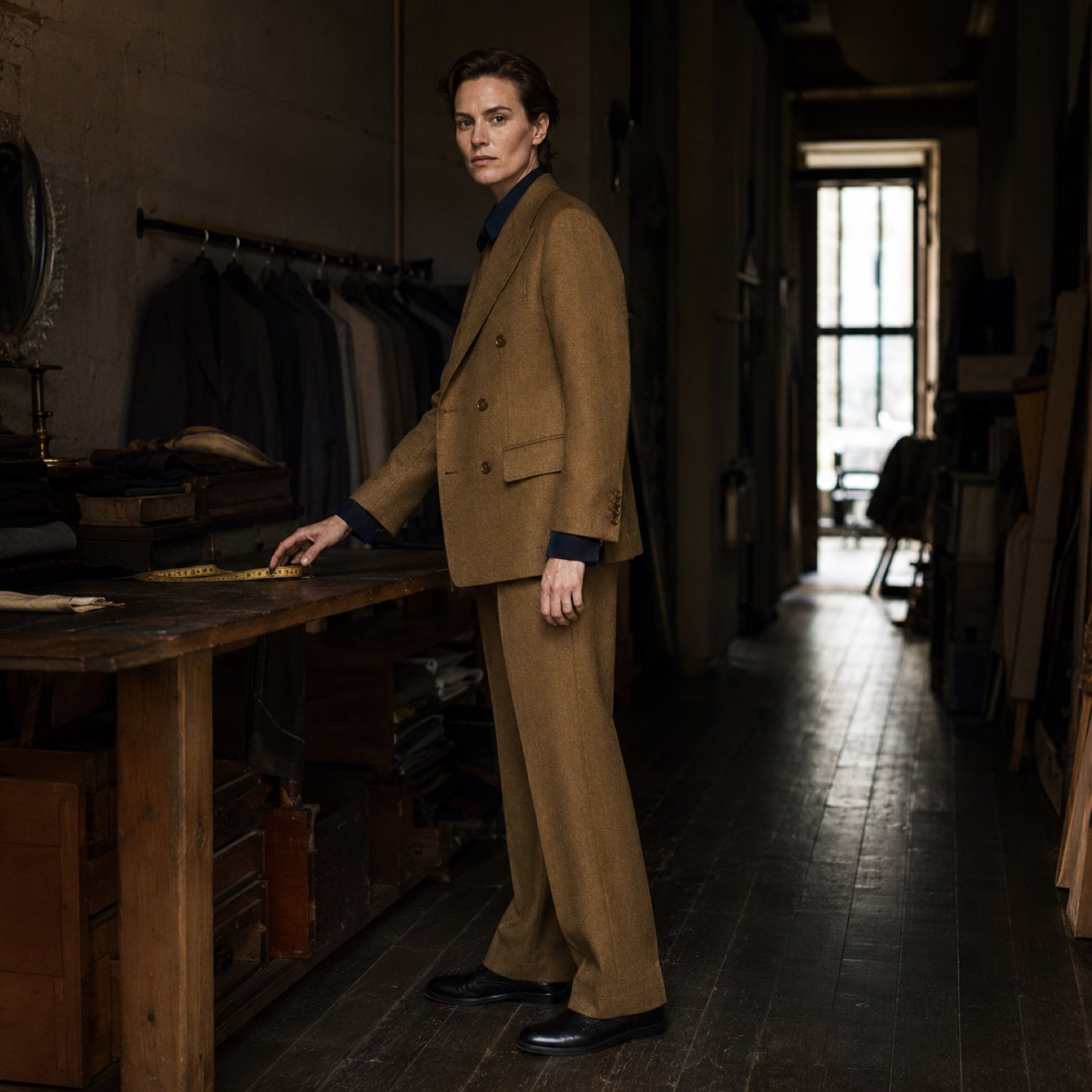 Sloe double-breasted suit jacket — Suit Jackets by CROWN TAILORING. shown on the model from the side.