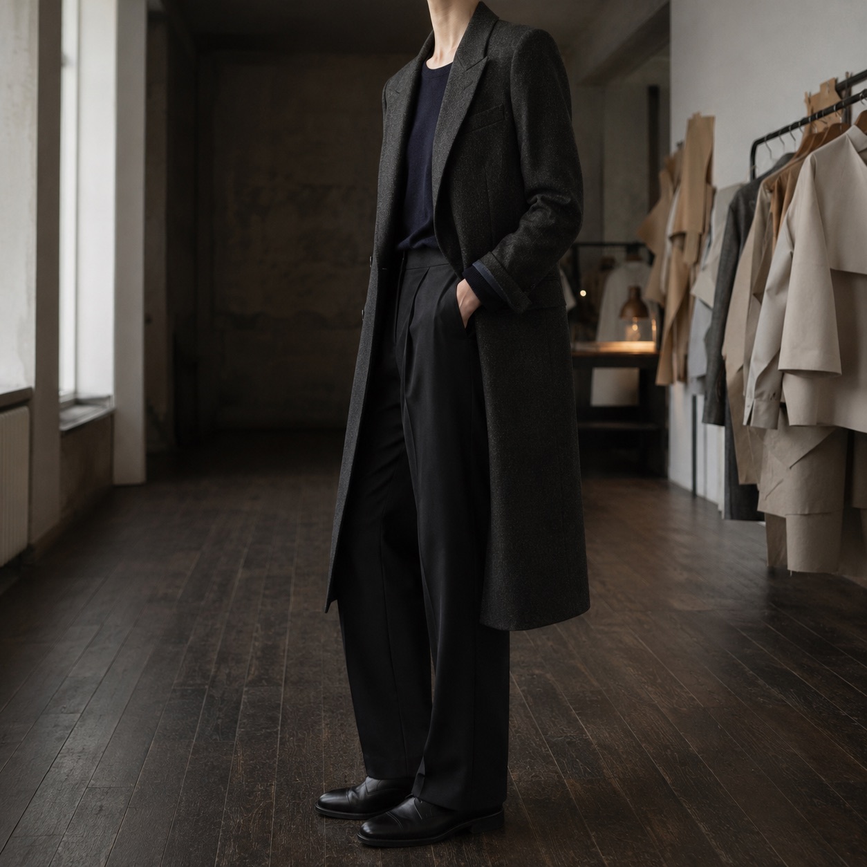 Severn long-line tailored coat jacket — Suit Jackets by CROWN TAILORING. worn by a model.