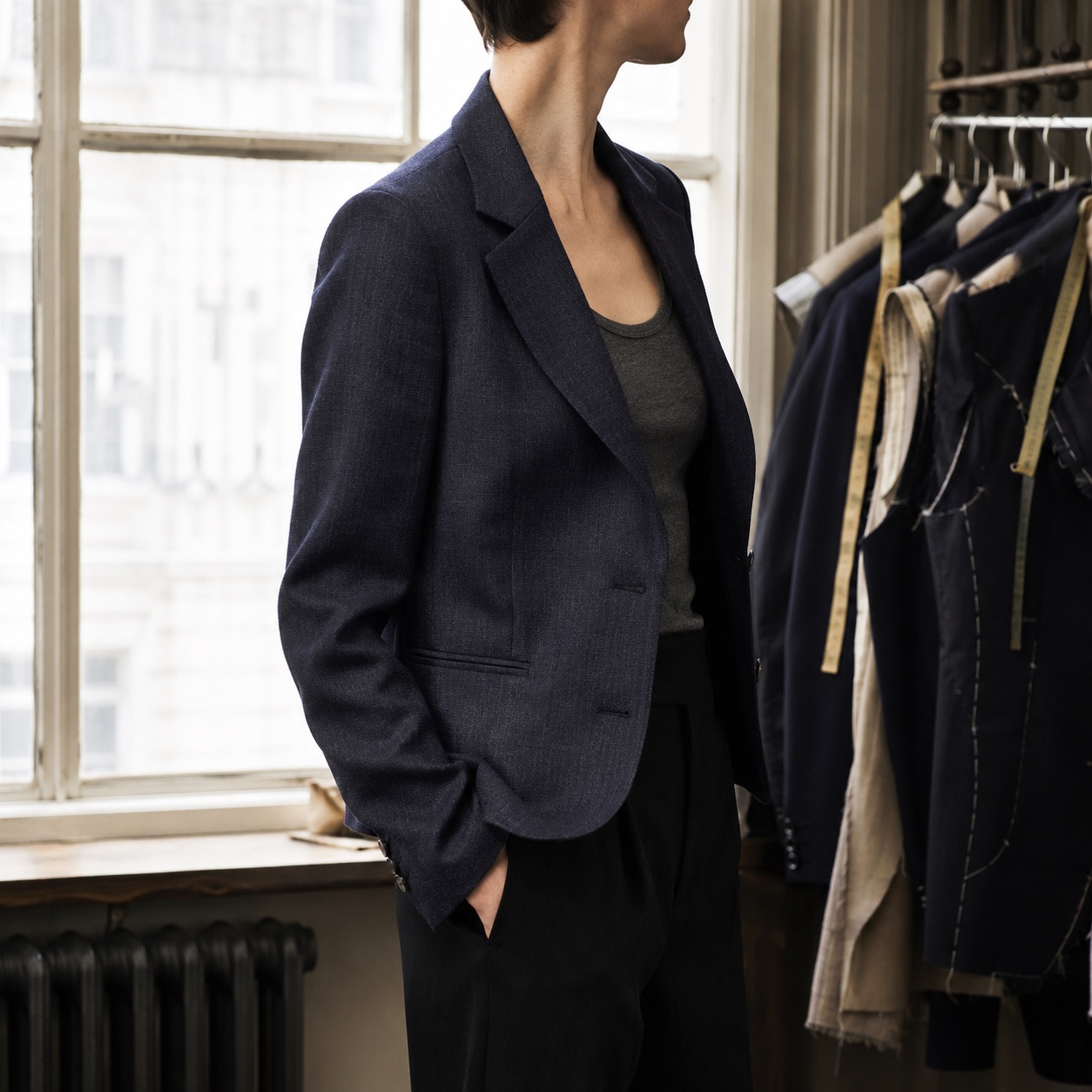 Larkspur single-breasted suit jacket — Suit Jackets by CROWN TAILORING. worn by a model, side view.