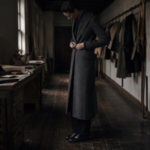 Clerkenwell long-line tailored coat jacket — Suit Jackets by CROWN TAILORING. worn by a model.